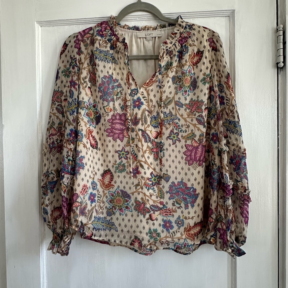 LOFT Pink Ruffled Bib Collar Blouse